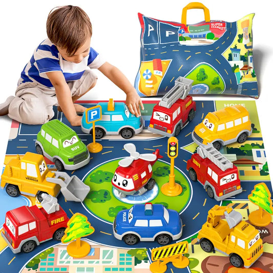 "Ultimate Truck Car Toy Set: 12 Pieces with Playmat and Storage Bag"